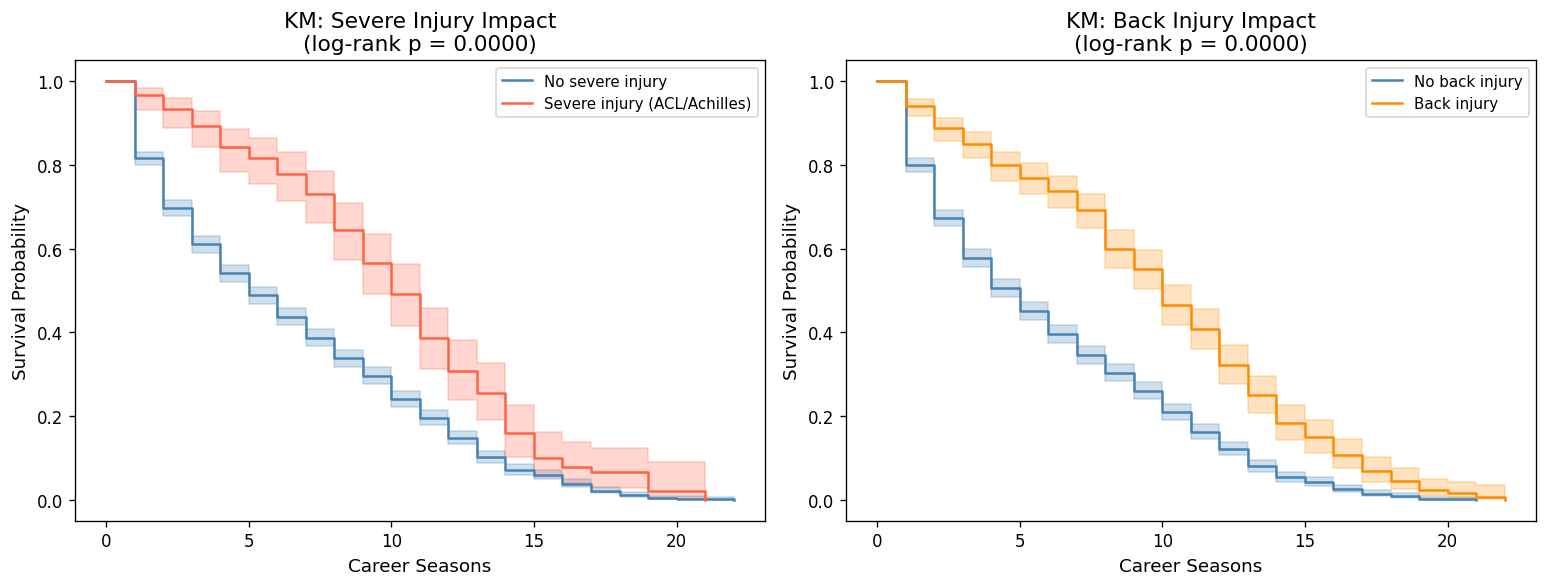 Players with a severe injury (ACL/Achilles) show no worse survival than uninjured players — consistent with survivorship bias.